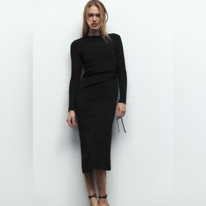 ZARA* round neck long sleeve side ruche rib knit body con dress